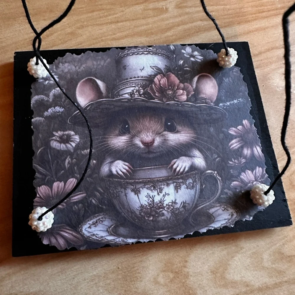 Handmade hanging display shelf with vintage mouse and teacup art